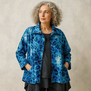 Clara S Stretch Jacket Perforated Full Zip Art-to-Wear Abstract Print Blue 1X